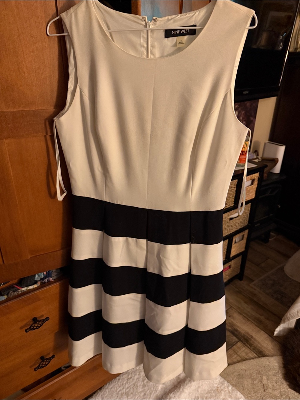 Nine West Black and Cream Striped Sleeveless Midi Dress